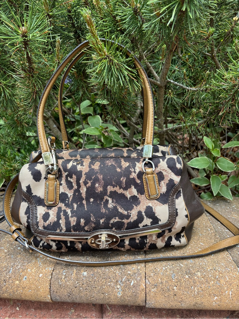COACH Bag Ocelot Crossbody Leopard Madison 25642 Top Handle Brown & Black